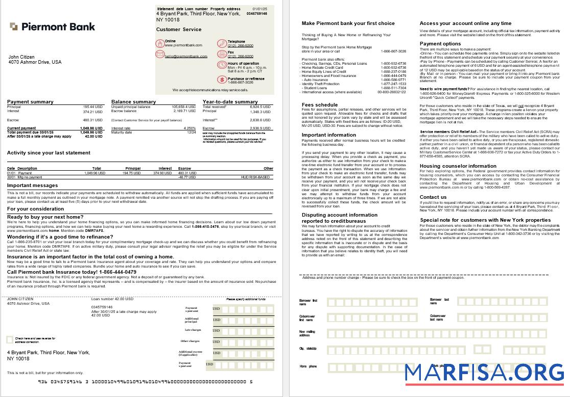 Blank USA Piermont bank mortgage statement in Word and PDF formats, 2 pages download for verification